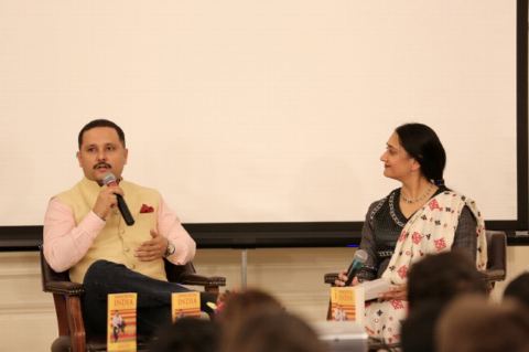 Prof. Neeti Nair in conversation with Author Mr. Amish at the Book Talk event by Mr. Amish at Embassy of India on February 8, 2018.