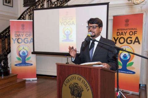 Vote of thanks by Shambhu Hakki, FS (PIC) during the celebration of the 4th International Day of Yoga at Embassy of India on June 21, 2018.
