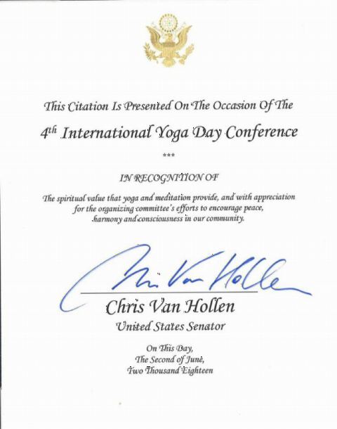 Citation of US Senator Chris Van Hollen on the occasion of the 4th International Yoga Day.
