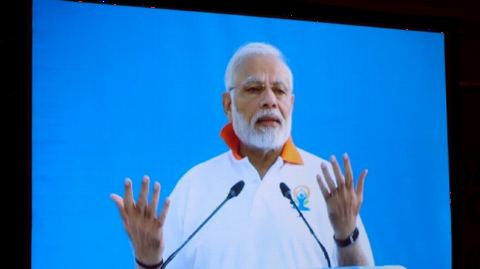 Video screening of Prime Minister leading Yoga on June 21, 2018 at 4th International Day of Yoga Celebrations at the Embassy of India on Thursday, June 21, 2018.