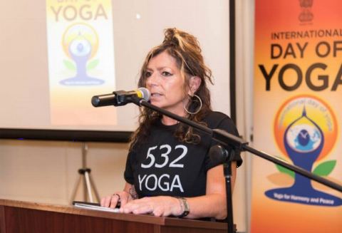 Sharing of Practitioner’s Perspective by Ms. Suzanne Leitner-Wise 532YOGA during the celebration of the 4th International Day of Yoga at Embassy of India on June 21, 2018.