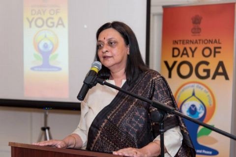 Teaching meditation and Yoga in US - Dr. Aparna Ramaswamy, Licensed Clinical Professional during the 4th International Day of Yoga Celebrations at the Embassy of India on Thursday, June 21, 2018.