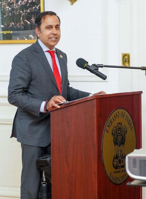 US Congressman Raja Krishnamoorthi speaking at the Opioid Awareness Initiative Programme held in association with American Pain Association at the Embassy of India on Wednesday, 27 June 2018.