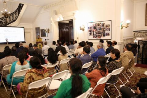 Dr. Mokshraj speaking at the Event "Understanding Yoga and Culture: An Inaugural Programme" at the Embassy of India on February 16,2018.