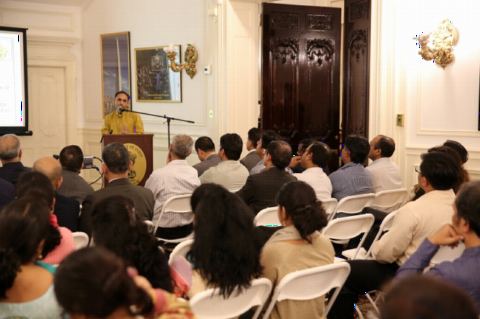 Dr. Mokshraj speaking at the Event "Understanding Yoga and Culture: An Inaugural Programme" at the Embassy of India on February 16,2018.