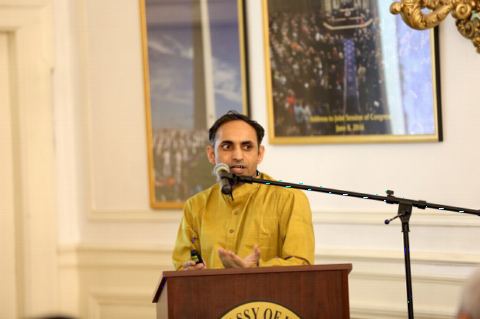 Dr.Mokshraj 'acharya', Teacher of Yoga & Indian Culture, speaking at the Event "Understanding Yoga and Culture: An Inaugural Programme" at the Embassy of India on February 16,2018.