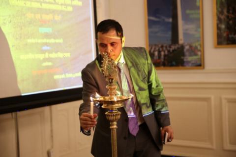 Ceremonial Lighting of Lamp by First Secretary Pratik Mathur at the Event "Understanding Yoga and Culture: An Inaugural Programme" at the Embassy of India on February 16,2018.