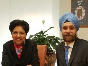 Ambassador Navtej Sarna interacting with Ms.Indra K. Nooyi, Chairman & CEO, PepsiCo in New York