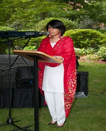 First Secretary Ms. Satwant Khanalia welcoming the guests at the 'Baisakhi' celebrations hosted at the Embassy Residence on Saturday, June 3, 2017