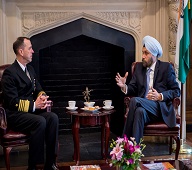 Ambassador Navtej Sarna meeting with Chief of Naval Operations Admiral John M. Richardson at the Embassy of India on March 30, 2017.