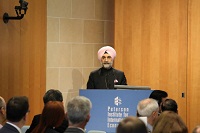 Embassy of India, Washington D.C., jointly with the Peterson Institute for International Economics and U.S. - India Business Council, organized a post-budget briefing session on "Beginning a New Era: India's Union Budget 2015-2016" on March 9, 2015, featuring Dr. Arvind Subramanian, Chief Economic Adviser to the Government of India. The event was attended by about 100 persons representing industry, think-tank, media and academic institutions. Ambassador Taranjit S. Sandhu, Charge d'Affaires spoke on the salient aspects of the annual budget and introduced Dr. Arvind Subramanian to the audience for his presentation and interaction.