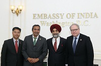 Congressman George Holding (R-NC), Congressman Ami Bera (D-CA) and Congressman Ted Lieu (D-CA) hosted for dinner by Ambassador Taranjit Sandhu, Charge d'Affaires at the Embassy on March 3.