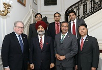 Congressman George Holding (R-NC), Congressman Ami Bera (D-CA) and Congressman Ted Lieu (D-CA) hosted for dinner by Ambassador Taranjit Sandhu, Charge d'Affaires at the Embassy on March 3. Also seen are (Top Row, L to R) Mr. Gourangalal Das, Counsellor (Political), Mr. Suneet Mehta, First Secretary (Congressional Liaison) and Mr. Mohit Yadav, Counsellor (Political).