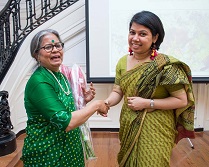 First Secretary Satwant Khanalia presenting a bouquet of flowers to Ms. Uma Ramakrishnan at the cultural event titled "A Walk Through The Artist's Mind" presented by the Embassy of India, Washington, DC, at the Embassy premises on Friday, May 5, 2017.
