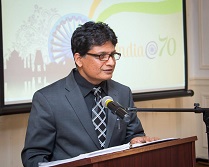 Attaché Y. K. Batra emceeing the cultural event titled "A Walk Through The Artist's Mind" presented by the Embassy of India, Washington, DC, at the Embassy premises on Friday, May 5, 2017.