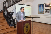 First Secretary Pratik Mathur delivering the welcome speech at the cultural event titled "A Walk Through The Artist's Mind" presented by the Embassy of India, Washington, DC, at the Embassy premises on Friday, May 5, 2017.