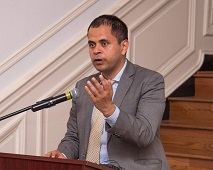 First Secretary Pratik Mathur delivering the welcome speech at the cultural event titled "Yoga and Meditation Revolutionising Research in Cognitive Sciences and Neurosciences" presented by the Embassy of India, Washington, DC, at the Embassy premises on Friday, May 19, 2017.