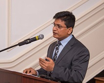 Attaché Y. K. Batra emceeing the cultural event titled "Yoga and Meditation Revolutionising Research in Cognitive Sciences and Neurosciences" presented by the Embassy of India, Washington, DC, at the Embassy premises on Friday, May 19, 2017.