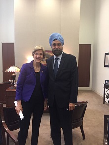 Ambassador Navtej Sarna discussed with Senator Elizabeth Warren strengthening of India-US ties and regional security situation.