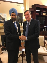 Ambassador Navtej Sarna meeting with Senator Mark Warner, Co-Chair of Senate India Caucus on Nov 21, 2016. Agreed on continued engagement to strengthen India- US ties