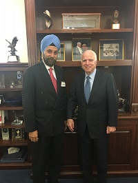 Ambassador Navtej Sarna warmly received by Senator John McCain, Chairman of Senate Armed Services Committee. Great supporter of strong India-US relations.