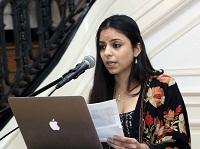 Ms. Anumeet Kaur welcoming the guests at the Book Talk event : 'In the City of Gold and Silver: The inspiring story of an Orphan Who Became a Queen and a Voice of Freedom in India' by author Kenzie Mourad, hosted at the Embassy on November 18.