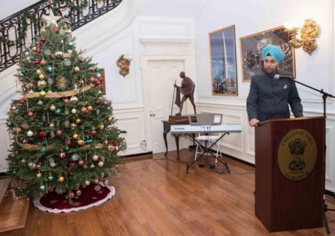 Ambassador Navtej Sarna addressing the gathering on Christmas Celebrations at Embassy of India on Wednesday December 20, 2017.