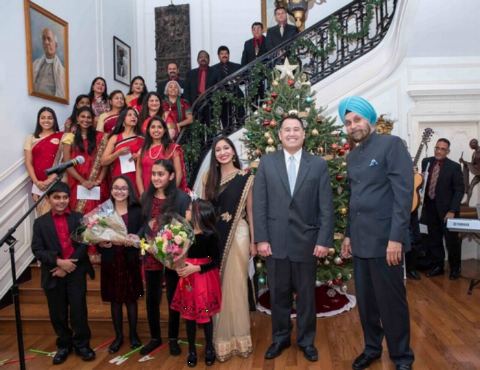 Ambassador Navtej Sarna with the Choir group on Christmas Celebrations at Embassy of India on Wednesday December 20, 2017.