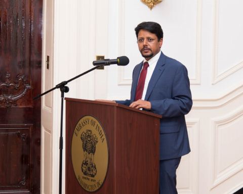Mr. Shambhu Hakki, First Secretary (Press, Information & Culture) welcoming guests during the celebration of the 143rd Birth Anniversary of Sardar Vallabhbhai Patel at the Embassy of India on Friday, November 2, 2018.