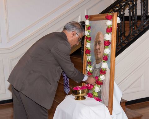 Deputy Chief of Mission, Mr. Santosh Jha paying floral tributes to Sardar Vallabhbhai Patel during the celebration of the 143rd Birth Anniversary of Sardar Vallabhbhai Patel at the Embassy of India on Friday, November 2, 2018.