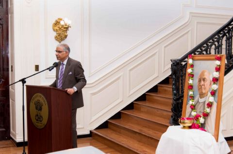 Deputy Chief of Mission, Mr. Santosh Jha addressing the gathering during the celebration of the 143rd Birth Anniversary of Sardar Vallabhbhai Patel at the Embassy of India on Friday, November 2, 2018.