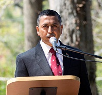 Brig. Ashok Dhingra welcoming the guests at the 'Baisakhi' celebrations hosted at the Embassy Residence on April 18.