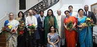Group photo of the artists and organizers - with Alif Laila, Anil Srinivasan, Daniel Phoenix Singh, Alicia Adams, Anita R Ratnam, Anuradha Nehru, Dhananjayans, Ananda Shankar Jayant, Sikkil Gurucharan and Sridharan Madhusudhanan.