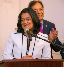 US Congresswoman Pramila Jayapal (Democrat-Washington), addressing the members of AAPI, GWAPI and guests at the Embassy on May 3