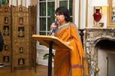 Ms. Satwant Khanalia, First Secretary (POL & SL) welcoming the guests on the occasion of celebration of India's 71st Independence Day at Embassy Residence on August 15, 2017.