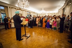 Ambassador Navtej Sarna reading out President's Independence Day Address to the Nation to guests in attendance on the occasion of celebration of India's 71st  Independence Day at Embassy Residence on August 15, 2017