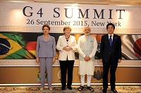 Leaders of the G-4 Countries - Brazil, Germany, India and Japan at the Summit on United Nations Security Council Reform in New York (September 26, 2015) Photo Courtesy: Brij Meena, Photo Division