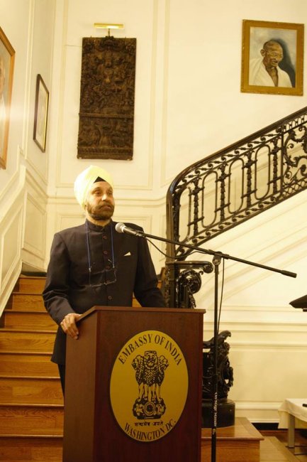 Ambassador Navtej Sarna addressing the gathering during the celebration of 148th Birth Anniversary of Mahatma Gandhi, at the Embassy of India, Washington DC on Monday, October 2, 2017.