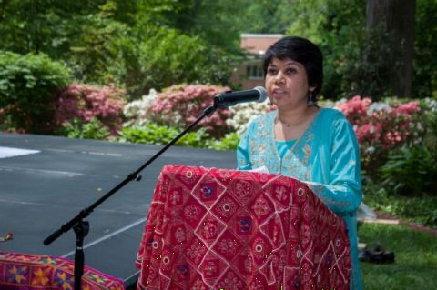 First Secretary Ms. Satwant Khanalia emceeing at the Baisakhi celebrations hosted at the Ambassador's Residence on Saturday, May 12, 2018.