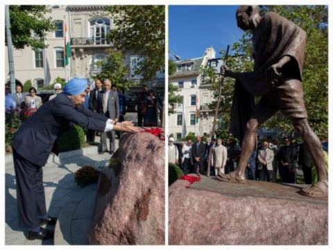 Ambassador Navtej Sarna paying floral tributes to Gandhiji at the Mahatma Gandhi Statue in front of the Embassy during the celebration of 149th Birth Anniversary of Mahatma Gandhi at the Embassy of India, Washington DC on Tuesday, October 2, 2018.