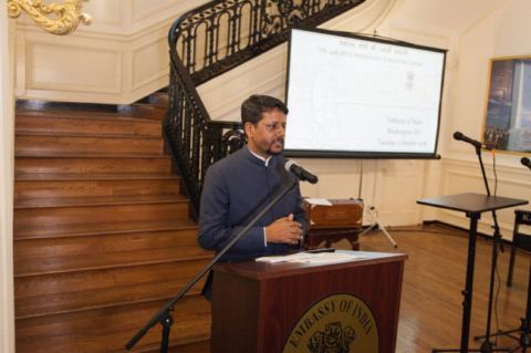 First Secretary Mr. Shambhu Hakki welcoming the guests during the celebration of 149th Birth Anniversary of Mahatma Gandhi at the Embassy of India, Washington DC on Tuesday, October 2, 2018.