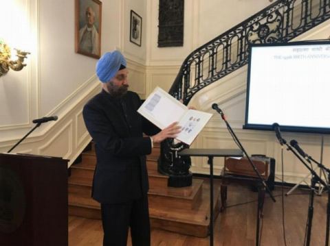 Ambassador Navtej Sarna releases special commemorative postage stamps issued by Department of Posts, Government of India, to mark 150th Birth Anniversary of Mahatma Gandhi during the celebration of 149th Birth Anniversary of Mahatma Gandhi at the Embassy of India, Washington DC on Tuesday, October 2, 2018.