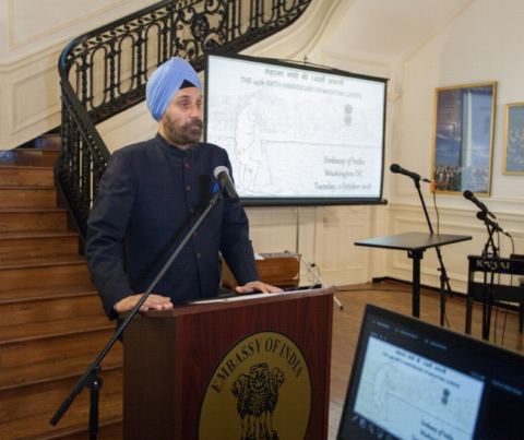 Ambassador Navtej Sarna addressing the gathering during the celebration of 149th Birth Anniversary of Mahatma Gandhi at the Embassy of India, Washington DC on Tuesday, October 2, 2018.