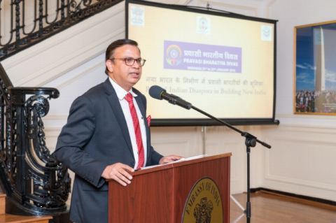 Mr. Anurag Kumar, Minister (Community Affairs) welcoming guests at the reception hosted for promoting participation from Indian Diaspora at Pravasi Bharatiya Divas 2019, Know India Programme and Bharat Ko Jaaniye Quiz at the Embassy of India on Friday, 12 October, 2018.