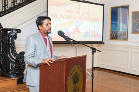 Mr. Shambhu Hakki, First Secretary (Press, Information & Culture) speaking at the reception hosted for promoting participation from Indian Diaspora at Pravasi Bharatiya Divas 2019, Know India Programme and Bharat Ko Jaaniye Quiz at the Embassy of India on Friday, 12 October, 2018.